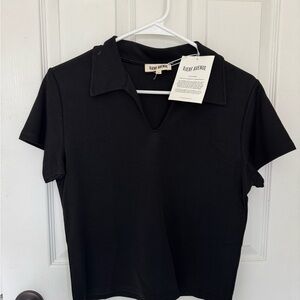 Djerf Avenue Black Short Sleeve Polo V-Notch Top